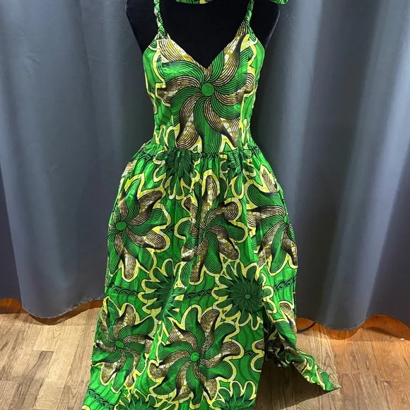 African Print Maxi Dress with Head wrap Size Medium - Picture 3 of 8